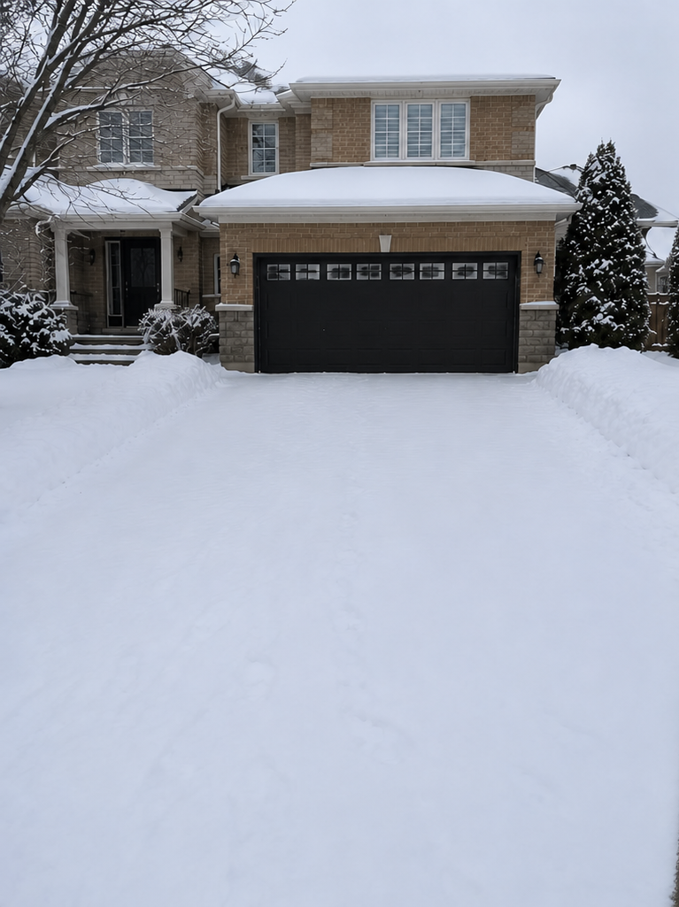 Snow-covered residential driveway before snow removal service